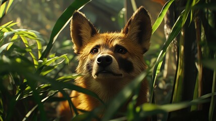 Wall Mural - A fox peeks through lush green foliage, capturing a moment in nature.