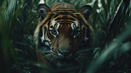 Wall Mural - A close-up of a tiger in a dense jungle, showcasing its intense gaze and vibrant fur.