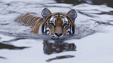 Wall Mural - A tiger swimming in calm waters, showcasing its striking features and natural habitat.