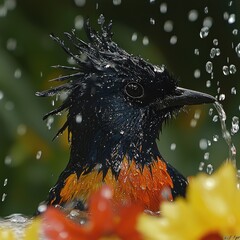 Wall Mural - A colorful bird splashes in water, surrounded by flowers, capturing a vibrant moment in nature.