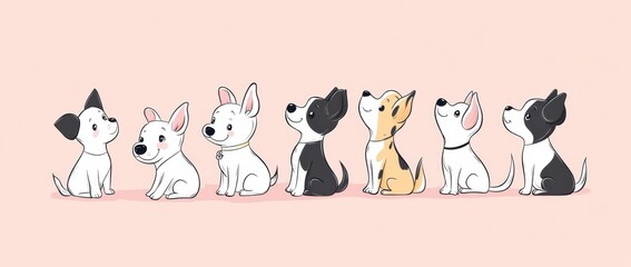 Wall Mural - Cute cartoon dogs in various poses, doodle-style vector illustration on a white background The design includes playful and whimsical dogs of different breeds with simple line art drawing Generative AI