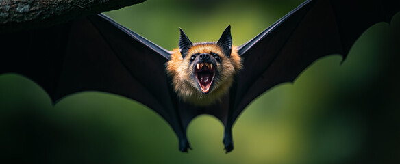 flying bat with wide wings in forest, wildlife close-up featuring sharp details, nocturnal mammal in