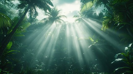 Wall Mural - A serene jungle scene with sunlight filtering through lush palm trees.