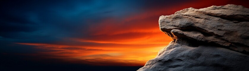 Wall Mural - Fiery Sunset over Rock Formation: A dramatic rock formation silhouetted against a vibrant sunset, where fiery oranges and deep blues collide in a breathtaking display of nature's power.