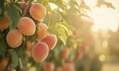 ripe fruit hanging on a tree branch, sunlit leaves.