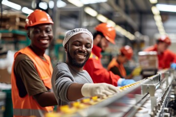 Wall Mural - Smiling group of factory workers packaging a product in factory