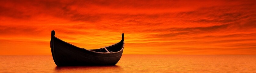 Wall Mural - Solitude at Sunset: A lone boat rests serenely on calm waters, silhouetted against a vibrant, fiery orange sunset. The scene evokes a sense of peace and contemplation. 