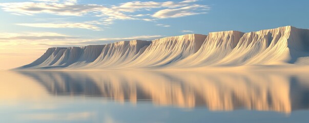 Wall Mural - Serene landscape of snow-capped cliffs reflecting in calm water under a soft sky.