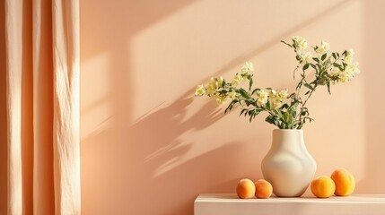 Wall Mural - Pale flowers, peaches, vase, sunlight, peach wall.