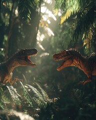 Wall Mural - Two dinosaurs engage in a dramatic encounter in a lush, prehistoric forest.