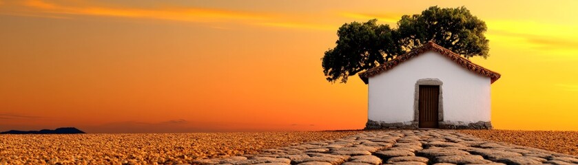 Wall Mural - Sunset Serenity: A solitary whitewashed house stands peacefully amidst a golden wheat field, a lone tree casting its shadow as the sun dips below the horizon.