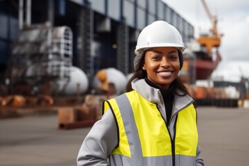 Wall Mural - Portrait of a smiling female engineer at a dockyard