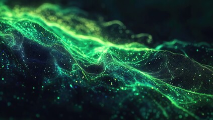 Wall Mural - a dark background with glowing green and blue waves of energy