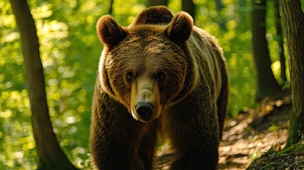 Wall Mural - A close-up of a bear walking through a lush forest, showcasing wildlife in nature.