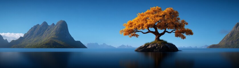 Wall Mural - Solitary Golden Tree on Calm Lake 