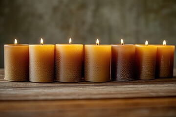 Sticker - A row of lit candles on a wooden surface, creating a warm and inviting atmosphere.