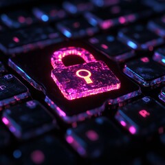 Poster - Futuristic Cybersecurity Concept Glowing Lock Icon on Keyboard