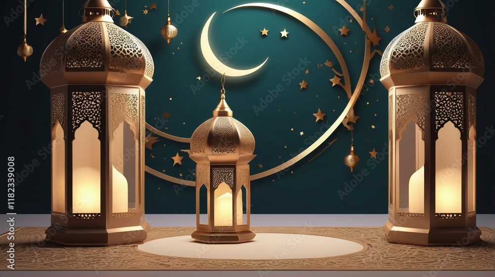 Ramadan lantern with crescent moon and podium as luxury islamic ...
