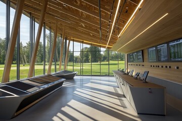 modern architecture showcases a golf clubhouse with large windows overlooking the green landscape du