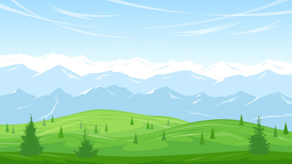 Wall Mural - picturesque mountain landscape background. meadows and hills with green grass and trees. high mounta