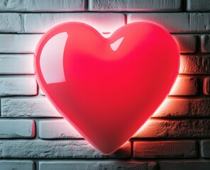 Poster - A neon hearts sign with a retro red brick wall background. Happy Valentine's Day design