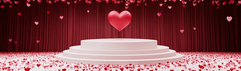 Poster - On Valentine's Day, this 3D background showcases a minimalistic scene with a cylinder podium and heart-shaped floating pastel balloons in shades of pink, red, and white. It's designed as a modern