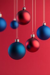 Canvas Print - Red and blue Christmas baubles hanging against a red background.