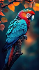 Wall Mural - A vibrant parrot perched on a branch, showcasing its colorful feathers against a blurred background.