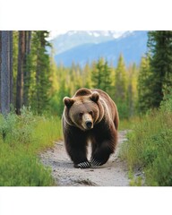 Wall Mural - A bear walking along a forested path with mountains in the background.