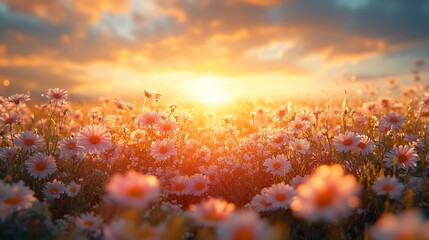 Wall Mural - Golden Sunset Illuminates Daisies In A Field