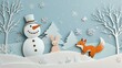 © nadimgdx - Paper cut-out winter scene with playful animals and snowman