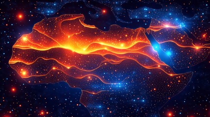 glowing energy lines forming africa map on starry space background.