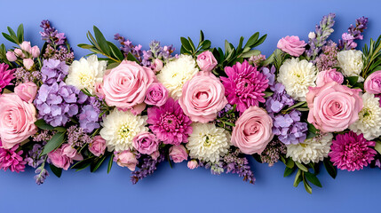 Sticker - A vibrant arrangement of pink and purple flowers against a blue background, showcasing roses, chrysanthemums, and other blossoms.