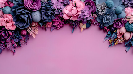 Poster - A vibrant arrangement of colorful flowers and foliage on a pink background, creating a stunning visual display.