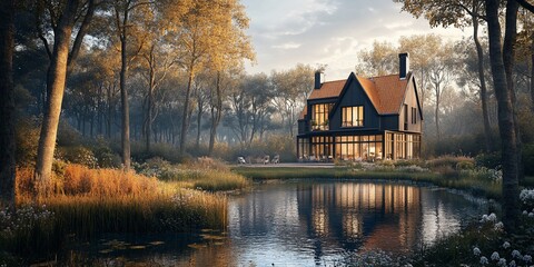 Poster - Autumn house, forest pond reflection, serene landscape, idyllic home