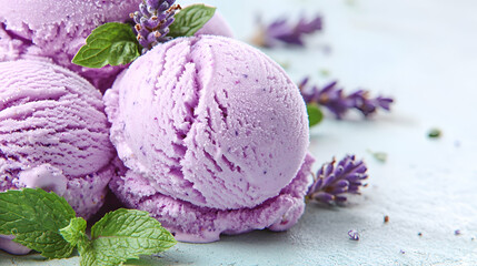 Wall Mural - Creamy lavender ice cream scoops topped with fresh mint leaves, creating a visually appealing and refreshing dessert.