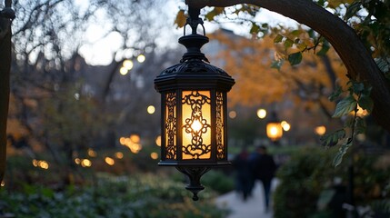 Canvas Print - Autumn park lantern, evening glow, people strolling