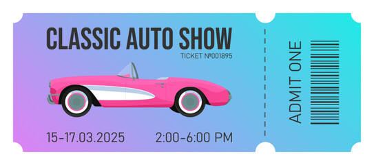 Classic Auto Show event ticket design illustration. Pink vintage corvette car on gradient background. Modern coupon