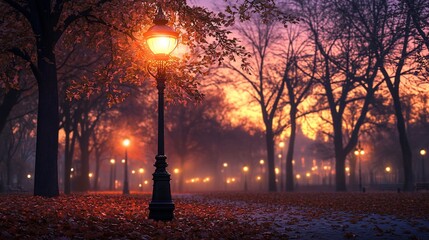 Wall Mural - Autumn park path, sunset glow, leaf-strewn, misty ambiance; scenic background