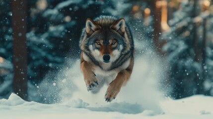 Wall Mural - A wolf leaps through a snowy forest, showcasing its agility and power in a winter landscape.