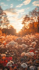 Sticker - Autumn sunset, field of flowers, park, golden hour