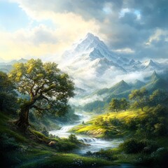 Wall Mural - A serene landscape features a majestic mountain surrounded by lush greenery and flowing streams, providing a tranquil atmosphere ideal for nature-themed projects, travel brochures