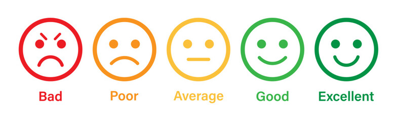Fototapete - Rating emoji set in stroke style for customer feedback and product experience. Rating emoji with bad, poor, average, good and excellent text. Vector icon