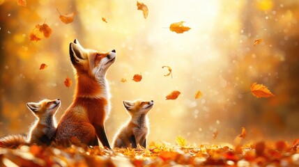 Wall Mural - A serene scene of foxes enjoying falling leaves in a golden autumn setting.