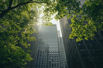 Sticker - Sunlight filters through leaves, illuminating skyscrapers.