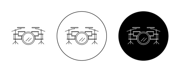 Drum set icons set in black filled and outlined style