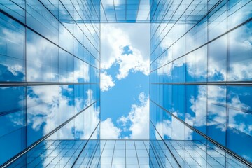 Wall Mural - Glass building reflects blue sky, fluffy clouds.