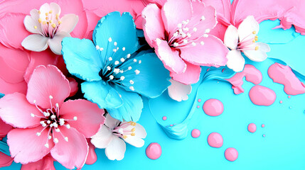 Sticker - A vibrant composition featuring pink and blue flowers with delicate petals against a turquoise background, accented by colorful droplets.