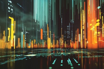 Wall Mural - Futuristic city skyline, glowing vertical structures, digital reflection.