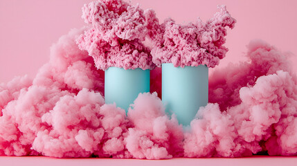 Sticker - Two turquoise cylinders surrounded by pink smoke create a vibrant and whimsical scene against a soft pink background.